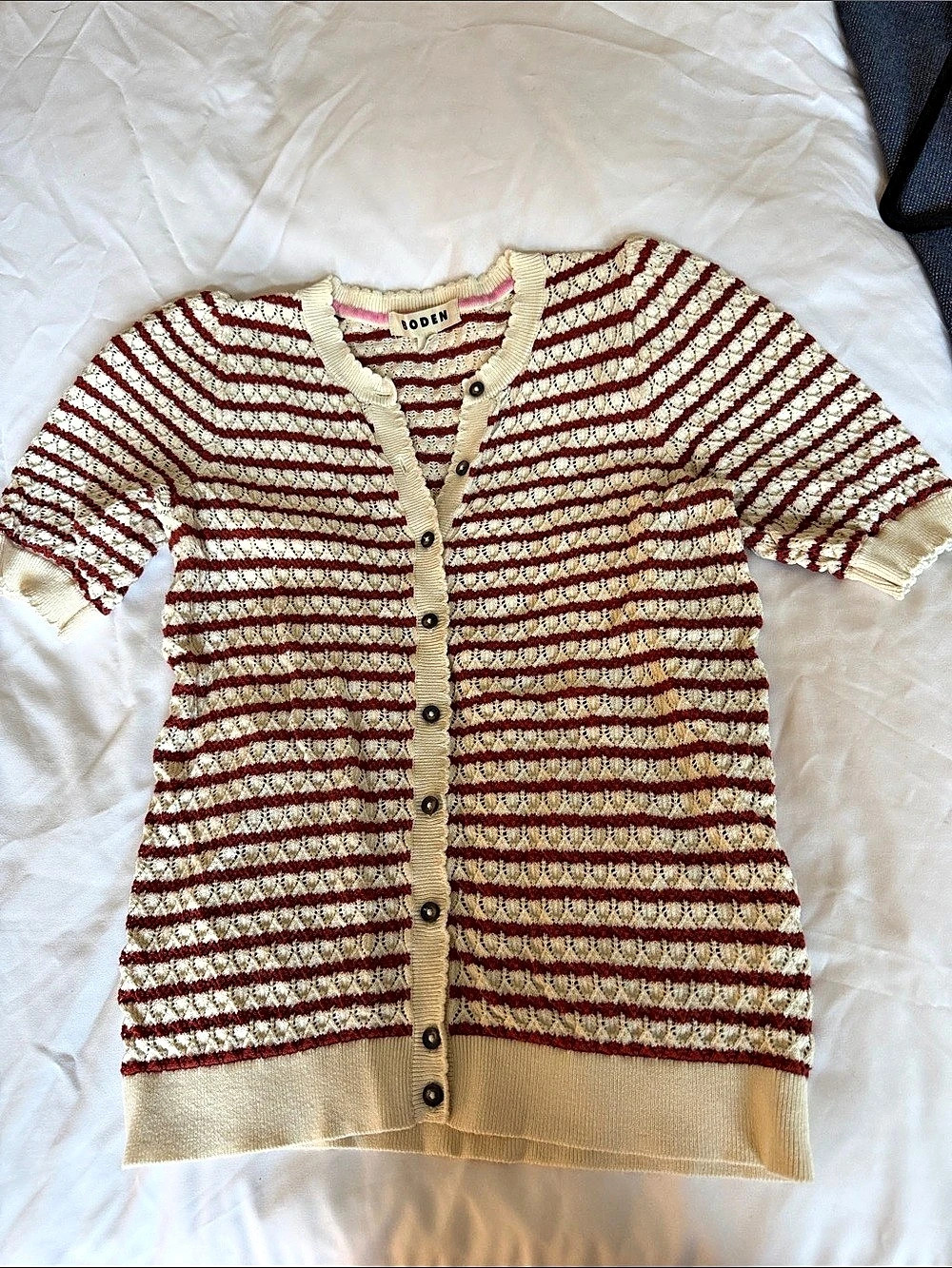 Boden Dot Pointelle Short Sleeve Cardigan Red & Cream XS